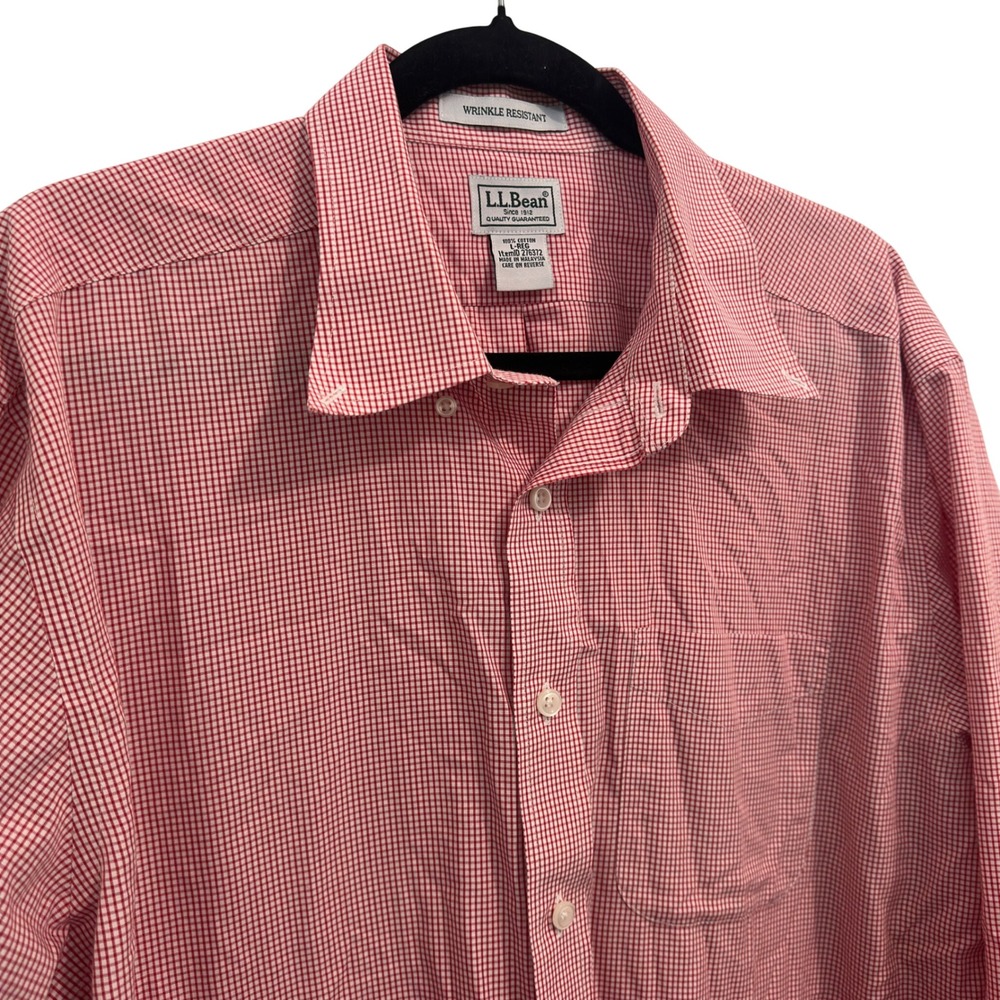 LL Bean Mens L Red White Gingham Check Button Down Shirt Wrinkle Free Prep